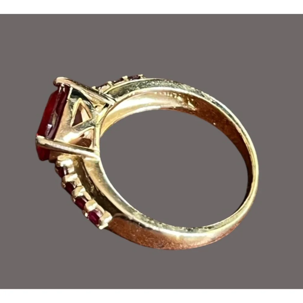 14K GOLD PLATED Sterling Silver Ring LAB CREATED RUBY Trillion w/Side Stones 8